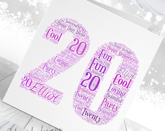 Personalised 20th Birthday Card - Custom Word Art Card For 20 Year Old - Children's Birthday Gift - For Boys, Girls, Kids, Son, Daughter