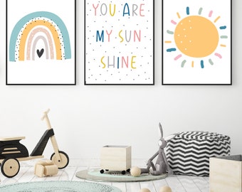 You are My Sunshine Set of 3 with Rainbow, Children Nursery Bedroom Decor Wall Art, Playroom Poster, Boho Rainbow Sun, Kids