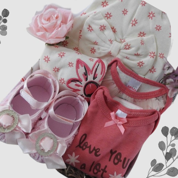 Ensemble rose bébé filles, ensemble de vêtements filles, premier anniversaire, panier bébé, boîte-cadeau rose, cadeau d'annonce de naissance, ensemble de vêtements filles nouveau-nés