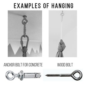 May include: Two examples of hanging methods for a hammock or swing. The first image shows an anchor bolt for concrete with a metal ring. The second image shows a wood bolt with a metal ring. The text below the images reads "Anchor Bolt for Concrete" and "Wood Bolt".
