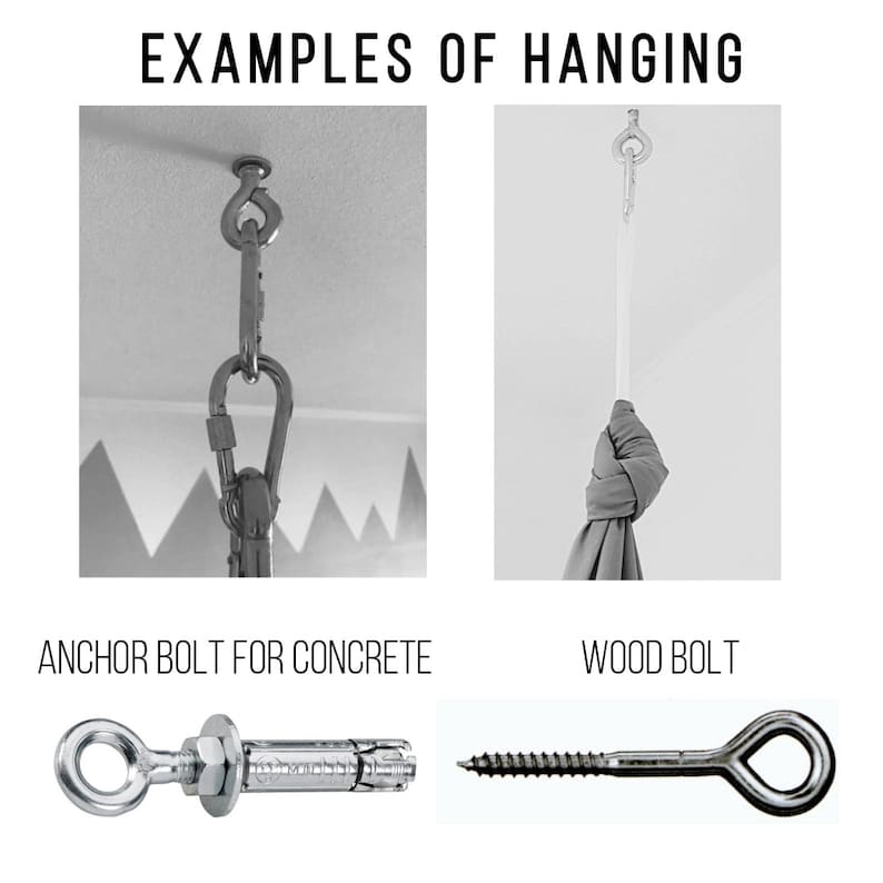 May include: Two examples of hanging methods for a hammock or swing. The first image shows an anchor bolt for concrete with a metal ring. The second image shows a wood bolt with a metal ring. The text below the images reads "Anchor Bolt for Concrete" and "Wood Bolt".