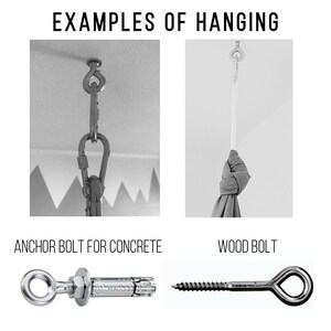 Puede incluir: Dos ejemplos de m&eacute;todos de suspensi&oacute;n para una hamaca o un columpio. La primera imagen muestra un perno de anclaje para hormig&oacute;n con un anillo de metal. La segunda imagen muestra un perno de madera con un anillo de metal. El texto debajo de las im&aacute;genes dice "Perno de anclaje para hormig&oacute;n" y "Perno de madera".