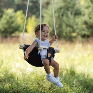 Black fabric swing, outdoor baby swing, summer minimalist swing, toddler swing, minimalist kids furniture, 1st birthday gift, toddler gift.