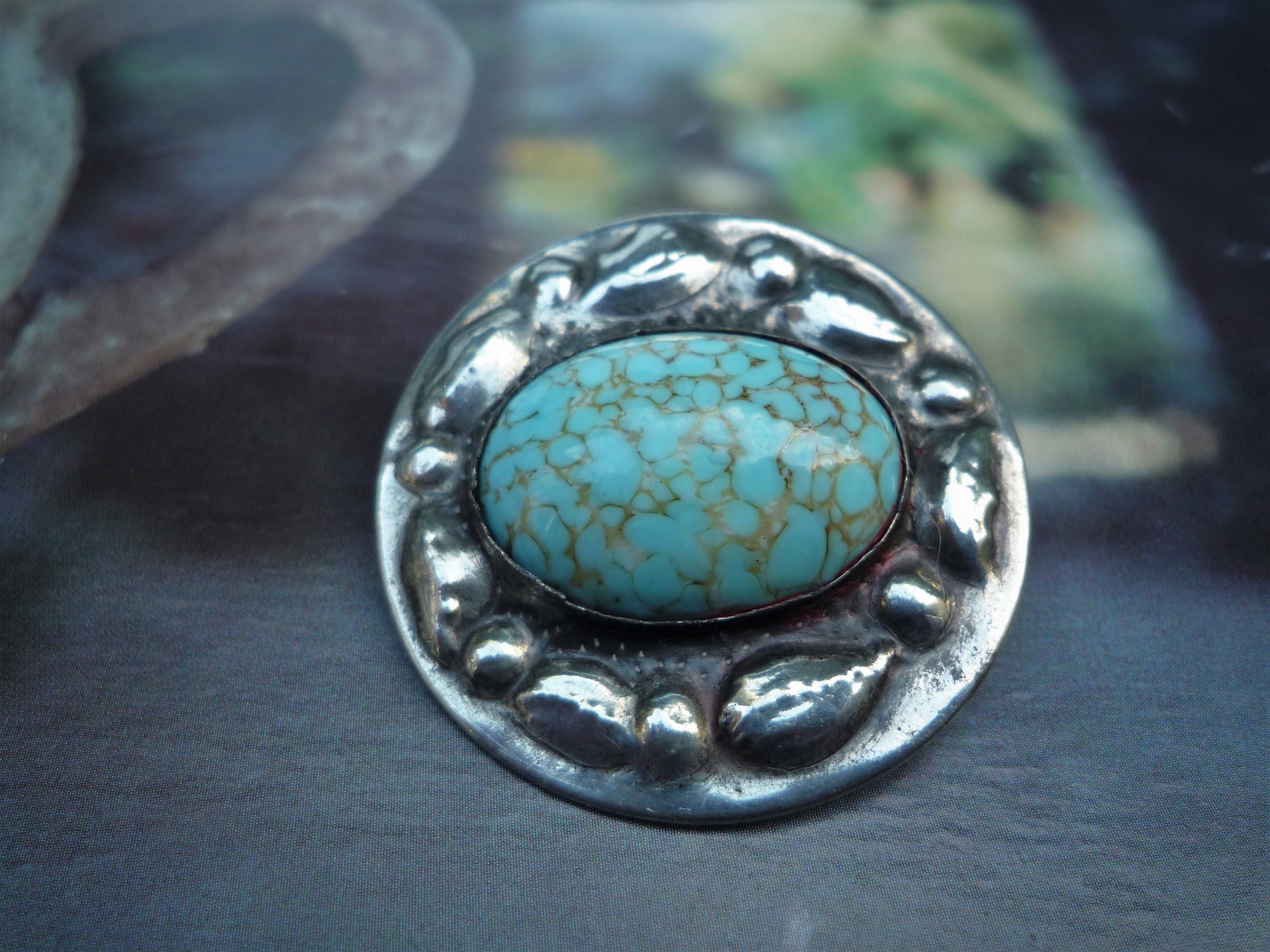 Arts and Crafts Brooch with Turquoise Cabochon, Hammered Pewter Set