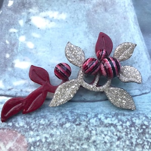 Early Lea Stein Brooch, Blueberry Acrylic Pin in Red, Pink & Glitter, Designer Costume Jewellery