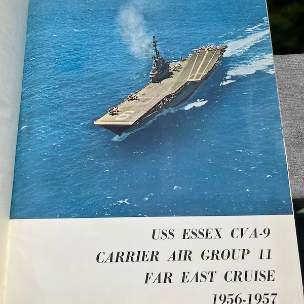 1957 Korean War USS Essex Far East Cruise Harcover Book US Navy Aircraft Carrier w Full Page Crew Photos