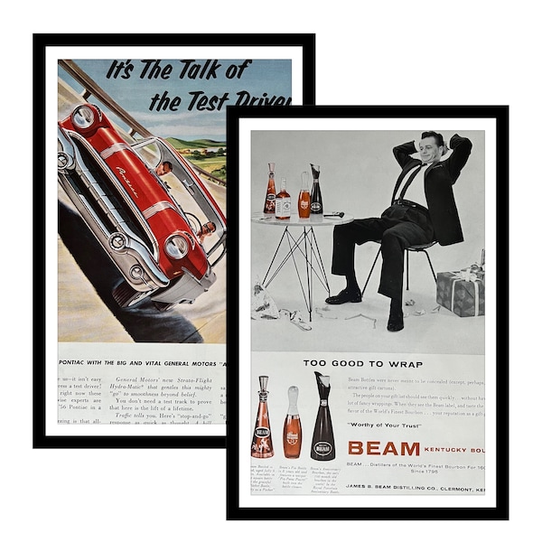 Unframed 2-Sided 10x13” 1956 Pontiac Strato-Sreak 227HP Engine and Jim Beam Bourbon Christmas Print Ad Wall Art Car Ads Whiskey Ad Liquor