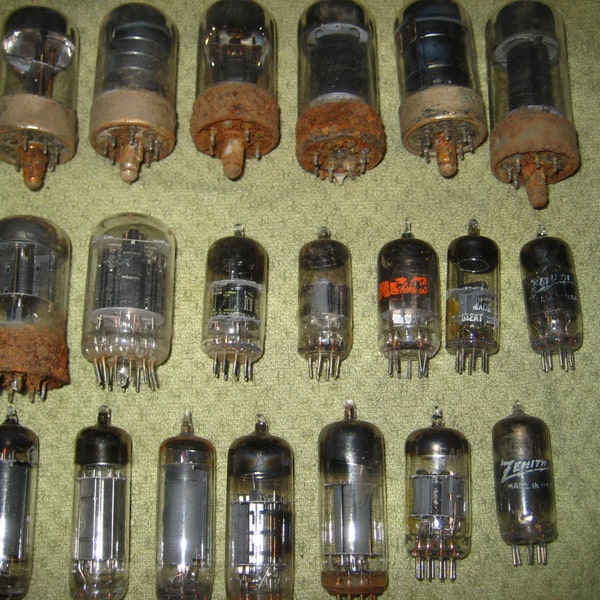 20 Vintage Electronics Radio Tubes from 1940-60s with red labels, script - Steampunk Art Projects