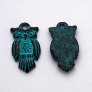May include: Two turquoise blue metal owl charms with a hole at the top for hanging. The owl on the left has detailed features, while the owl on the right is a silhouette.