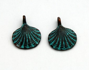 Shell Charms - Green Patina Greek Casting - Shell Pendants - Ocean Pendant - Beach Jewelry - Summer Jewelry - 15 mm - Set of 2