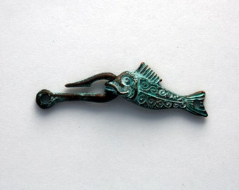1 Mykonos Fish & Hook Clasp - Green Patina Greek Casting - 50 mm