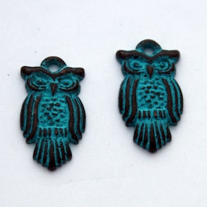 May include: Two turquoise blue owl charms with brown accents. The owls have a detailed design and are perfect for jewelry making or crafting.