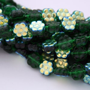 25 Czech Glass Flower Beads Green AB - 8 x 4 mm