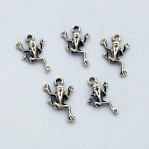 May include: Five silver frog charms with a loop for attaching to jewelry or other crafts.