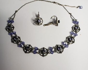 Vintage Liz Palacios SF Antiqued Sterling Over Brass Lavender Swarovski Crystals Necklace & Lever Back Earrings #564489