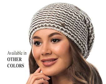 Gorro holgado de lana con lentejuelas, gorro de invierno de punto grueso con forro polar