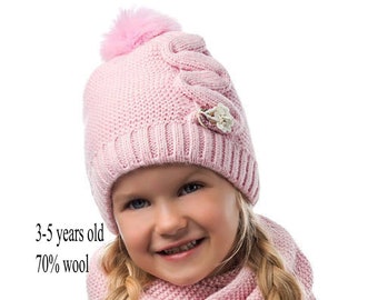 Winter Child Hat with Flower Brooch, Girl hat and Scarf, Child Pom Pom Hat, Child Knit Hat, Knit Girl Hat, Kids Winter Wear, Girl Knit Hat