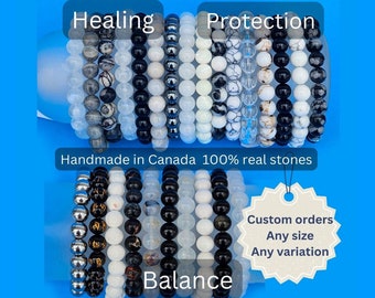 White Black Crystal Stone Bracelets, Real Stone Bracelet 8mm Round Beads, Handmade Men Women Stretchy Bracelet, Healing Natural Bracelets