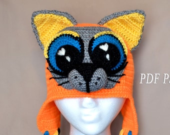 Animal Hat Pattern, Crochet Hat Pattern, Cat with Big Eyes Pattern, Children Spring Hat, Earflaps, Cat ears, girl, kids, adult, baby