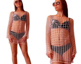CROCHET TUNIC Dress, Beach Cover Up, Crochet Women Dress, Knitted Tunic, Summer Dress, Openwork, Spider Web Tunic, Sexy Lace Dress, Mini, L