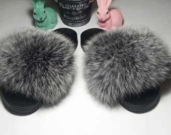 BY ORDER Silver Fox Fur Slippers Women Girl Beach Large Real Finnish Fox Fur Sandals Summer Slides Fashion Fluffy Shoes Flip Flops Leather