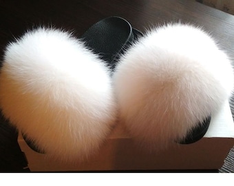 BY ORDER Off White Real Fox Fur Slides Women Girl Leather Beach Large Finnish Fox Fur Sandals Summer Slippers Fashion Fluffy Shoes Flip Flop