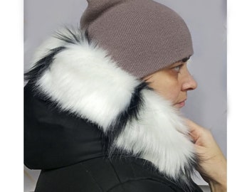 BY ORDER White Black Striped Faux Fur Vegan Trim Hood 70 cm, Faux Fur Collar Trim, Fur Fabric, Fur Ruff, Faux Fur Hood, Hood Fur Jacket, Fur