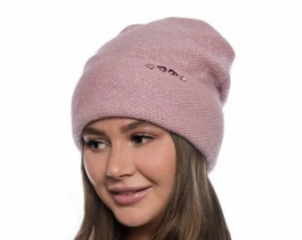 Gorro de lana de mohair: gorro de invierno holgado de punto con forro polar