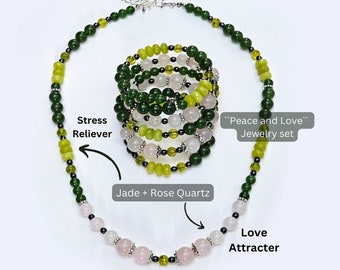 Necklace Bracelet Set, Crystal Stone Jewelry Set, Jade and Rose Quartz Necklace and Bracelet Set, Crystal Stone necklace, Bracelet, Gift