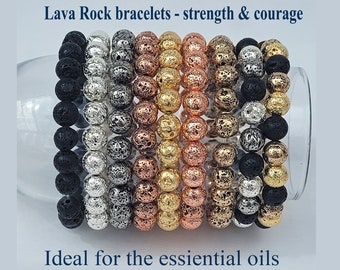 Gold Lava Stone Bracelet, Lava Beaded Bracelet, Diffuser Bracelet, Essential Oil Bracelet, Silver Lava Bracelet, Lava Rock Stone, Shiny 8mm