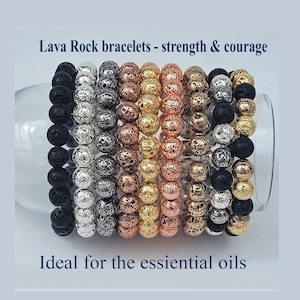 Armband med guldfärgade lavakristaller, armband med lavapärlor, armband med diffusor, armband med eteriska oljor, armband med silverfärgade lava, lavasten, 8 mm