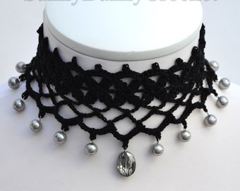 Black necklace choker, Black necklace for women, Choker necklace Black, Black statement necklace, Choker beaded Black, Cotton Choker, Boho