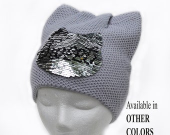 Cat Hat Beanie with Reversible Changeable Sequin Applique, Cat Ears, Cat Ear Hat, Women Cat Beanie, Cat Ear Beanie, Cable Knit Hat, Ears Hat