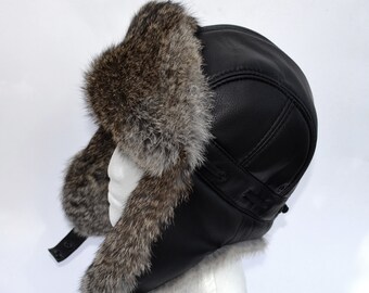 Ready to SHIP Real Leather Ear Flap Hat, Men real fur hat, Trapper Hat, Aviator Hat, Ushanka, Russian Hat, Ski Hat, Rabbit Fur, Gift for Men