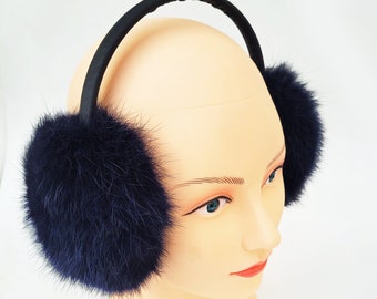 Navy Rabbit Fur Earmuffs, Adjustable Winter Ear Warmers