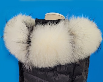 BY ORDER XXL Real Fox Fur skin Trim Hood With Lining and Buttons White and Black Fox Fur Collar Large Fur Scarf Ruff Real Fur Hood Etsy