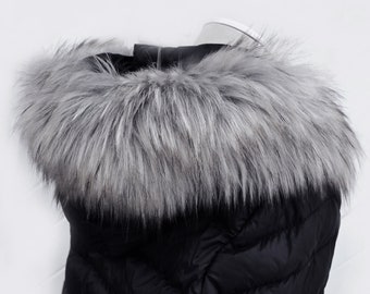 READY to SHIP Faux Fur Vegan Trim Hood 70 cm, Large Faux Fur Collar Trim, Fur Fabric, Ruff, Faux Fur Hood, Hood Fur Jacket, Fur stripe, Gray