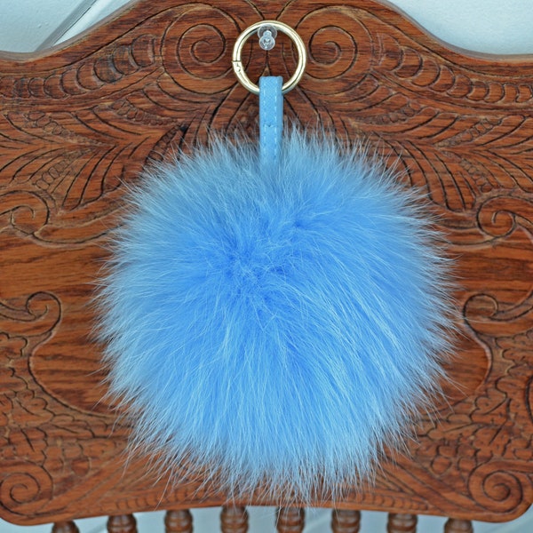 7" REAL FUR KEYCHAIN, Pom Pom Charm, Blue Fur Pom Pom Keychain, Fox Bag Charm, Key Chain Charm, Fox Fur Pom Pom, Fur Ball, Pendant Fur, Fur