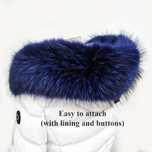 BY ORDER XL Large Blue Real Raccoon Fur Collar, Fur Trim for Hoodie, Raccoon Fur Collar, Fur Scarf, Fur Ruff, Hood , Buttons included
