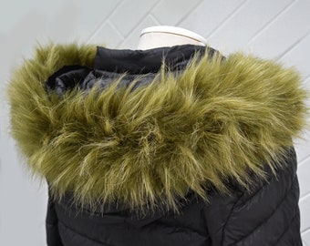 BY ORDER Faux Fur Vegan Trim Hood 75 cm, Faux Fur Collar Trim, Fur Fabric, Fur Ruff, Faux Fur Hood, Hood Fur Jacket, Fur stripe, Green