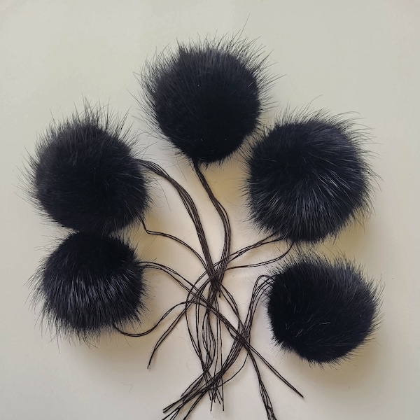 PAR COMMANDE 5pc - 2 » (50mm) Véritable vison naturel Pom Poms Fur Ball Charm Pendentif pour porte-clés Collier Boucle d’oreille Pompon Pom Anneau Noir Fourrure Pompon