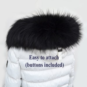 BY ORDER XL Large Black Real Raccoon Fur Collar, Fur Trim for Hoodie, Raccoon Fur Collar, Fur Scarf, Fur Ruff, Hood , Buttons included