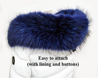 BY ORDER XL Large Blue Real Raccoon Fur Collar, Fur Trim for Hoodie, Raccoon Fur Collar, Fur Scarf, Fur Ruff, Hood , Buttons included