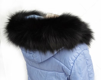 READY to SHIP From Pieces! XL Large Full Finnish Real Fox Fur Collar, Fur Trim for Hoodie, Fox Fur Collar, Fur Scarf, Fur Ruff,  Black Fox