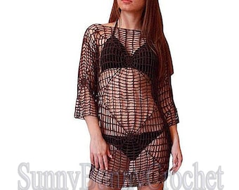 CROCHETED DRESS BEACH Cover Up Sexy Cotton Lace Openwork Short Knitted Tunic Cover Summer Party Mini Dress Top Women Lady Spider Web Boho, M