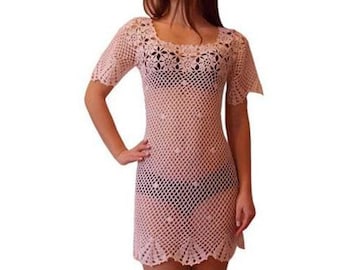 CROCHETED SUMMER Dress Beach Cover Up Sexy Cotton Lace Openwork Short Knitted Tunic Cover Party Mini Dress Top Women Lady Flower Boho, XS