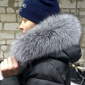 BY ORDER (not Tail) XL Extra Large Real Silver Fox Fur Trim Hood, Fur collar trim, Fox Fur Collar, Fur Scarf, Fur Ruff, Fox Fur Hood, Jacket