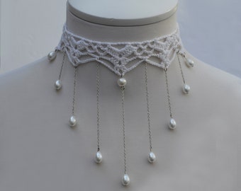 Häkelkette für Frauen, gehäkelte Baumwolle Halskette, Baumwoll-Halsband, Garn-Halskette, weiße Halskette, Hochzeit, Geschenk für Sie