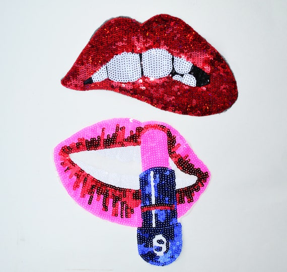 Sequin Teeth Lips Red Embroidered Iron On Fashion Patch DIY Shirt Handbag 11.5”