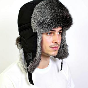 Fur Ear Flap Hat, Men real fur hat, Trapper Hat, Aviator Hat, Ushanka, Russian Hat, Ski Hat, Rabbit Fur, Fur Hat Ear Flaps, Gray fur